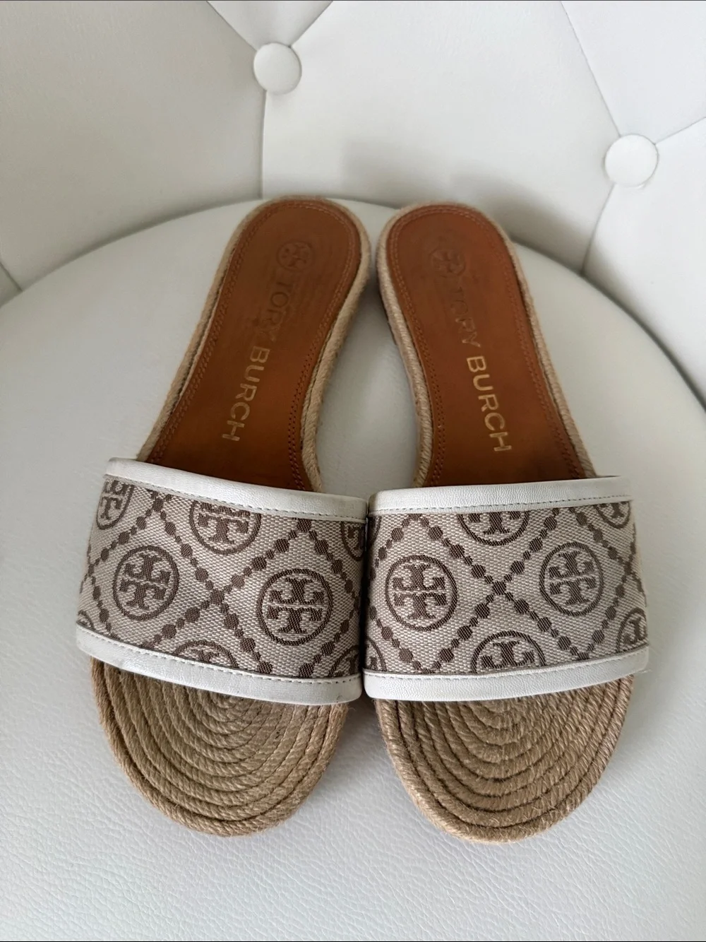 Tory Burch Women's T Monogram Espadrille Slide Natural Beige Size 7